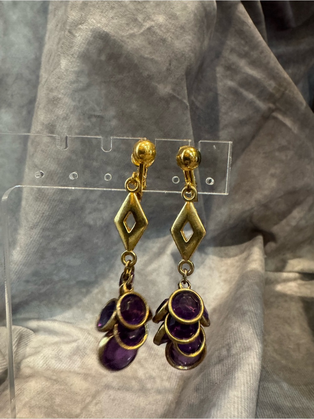 Gold-Tone Drop Earrings with Purple Discs -Clip